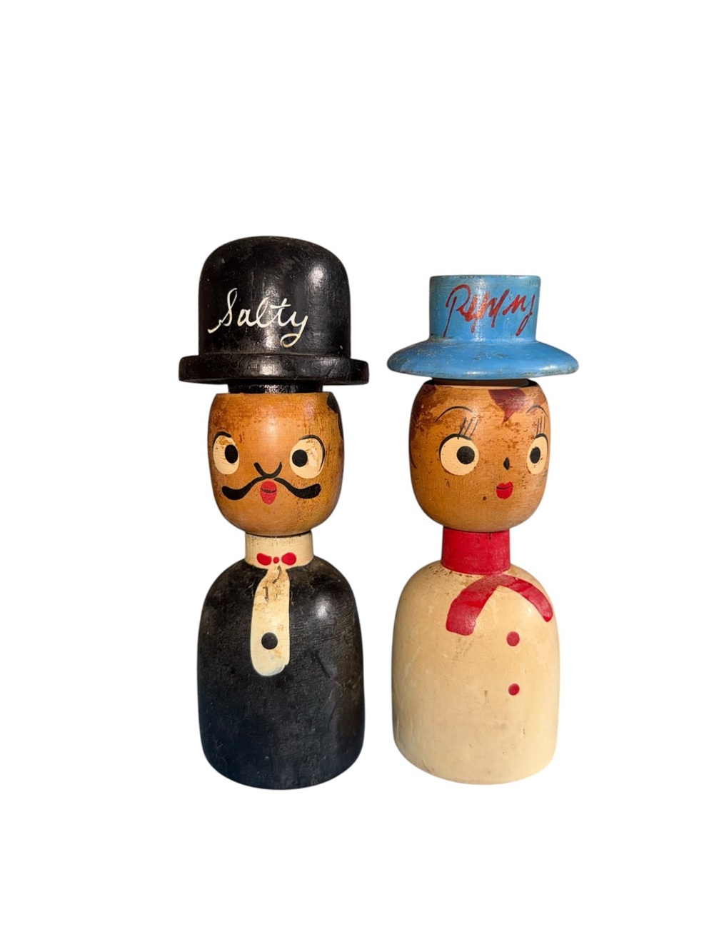 Wooden Vintage Salt & Pepper people Shaker Set in Black, Blue, Cream